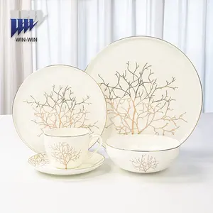 Custom exquisite golden tree design 20 pieces bone china dinner set for restaurant and hotel shining golden line dinnerware set