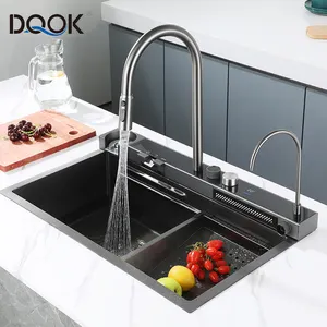 Nano Handmade Single Bowl LED Digital Display Multi-functional Waterfall Bliote Kitchen Sink With Automatic Cup Washer