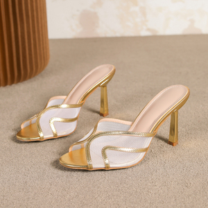 <span class=keywords><strong>Sandali</strong></span> da Donna con <span class=keywords><strong>Tacco</strong></span> a Spillo in Tessuto a Rete con Finiture Dorate, Punta Affusolata, Sexy, Slip-on, Tendenza Moda Estiva - Product Image 5