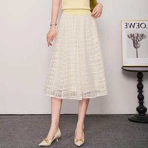 <span class=keywords><strong>Jupe</strong></span> longue plissée respirante pour femme, style Aline, <span class=keywords><strong>beige</strong></span>, ton doux, <span class=keywords><strong>jupe</strong></span> longue en tulle à carreaux naturels, tunique en soie pour femme, lavée - Product Image 2