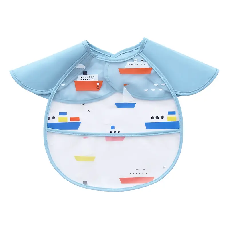 Polyester Tpu Gemakkelijk Schoon Waterdichte Baby Schort Mouwloze Cartoon Baby Peuter Voederschort Slabbetjes Met Zak