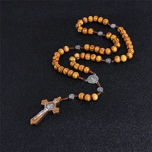 KOMi Kalung Salib Agama Katolik Antik, Perhiasan Mot Salib Rosario Kayu Antik Tenun Buatan Tangan