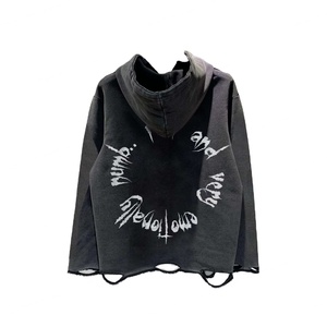 Sudadera con Capucha Personalizada al por Mayor, Estilo Lavado Ácido, con Dobladillo Deshilachado, Estilo Vintage, Holgada y Corta para Hombre - Product Image 1