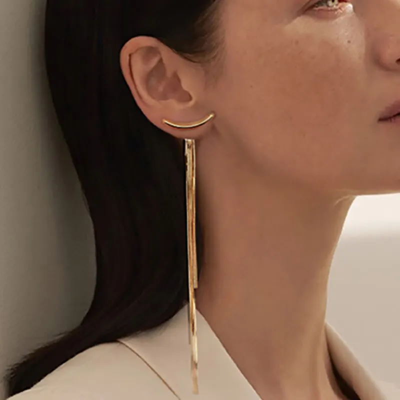 Korean Vintage Glossy Arc Bar Long Thread Tassel Drop Earrings For Women Gold Geometric fashion earrings trending jewelry