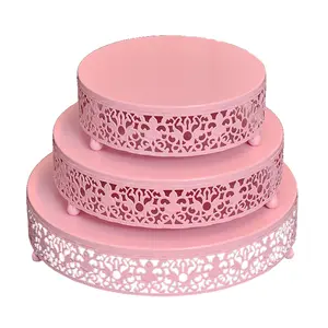 Cupcake Dessert Pastry Display Plate Hollow Flower Tray Wedding Birthday White Pink Gold 3pc Round Metal Cake Stand Set