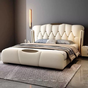 Ensemble de <span class=keywords><strong>lit</strong></span> de luxe léger en gros, mobilier de chambre à coucher haut de gamme, cadre de <span class=keywords><strong>lit</strong></span> king size design simple en cuir <span class=keywords><strong>avec</strong></span> rangement - Product Image 1