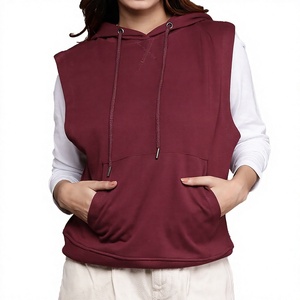 Sudadera con capucha sin mangas para mujer, color granate, con bolsillos con cordón ajustable - Product Image 1