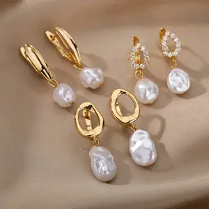 JY Vintage Punk Baroque Pearl Geometric Drop Earrings 18K Gold Plated Freshwater Pearl Dangle Earrings Women Jewelry For Gift