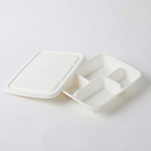 Assiette carrée biodégradable en bagasse blanche 350 ml avec 4/5/6 compartiments séparés, retournable, avec couvercle - Product Image 4
