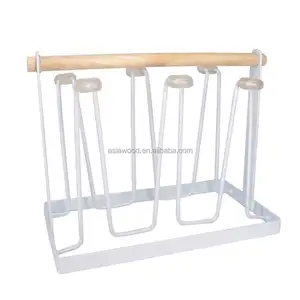 kitchen organizer 6 hooks cup storage holder rack stand with drain tray wood Handle for cup drying rack