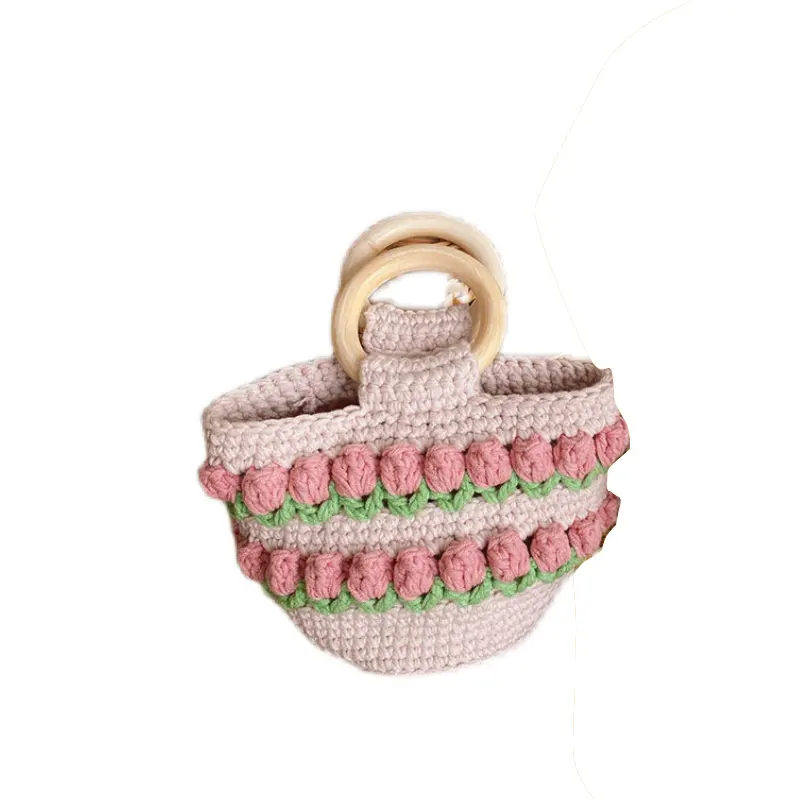 Wooden Handle Bag Women's Tulips Flower Hand Woven Wool Handbag Ladies Cotton Fabric Crochet Bucket Bag Rainbow Tote Bag