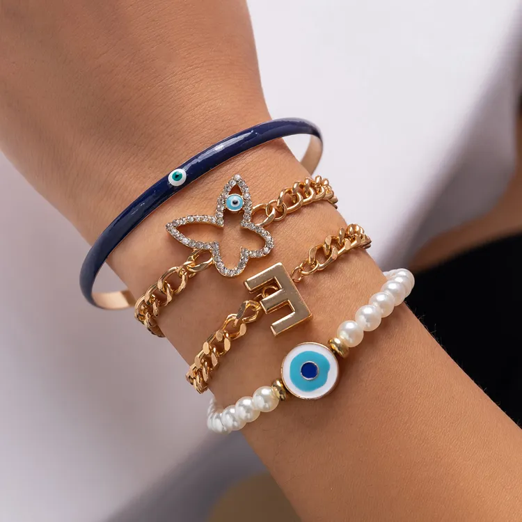 Ethnic style punk enamel eye letter bracelet retro personalized handmade pearl beaded bracelet for women
