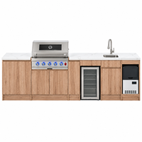 Îlot de cuisine extérieur moderne et luxueux, résistant aux intempéries, en acier inoxydable à effet bois, avec 6 brûleurs, barbecue à gaz encastré, allumage piézoélectrique