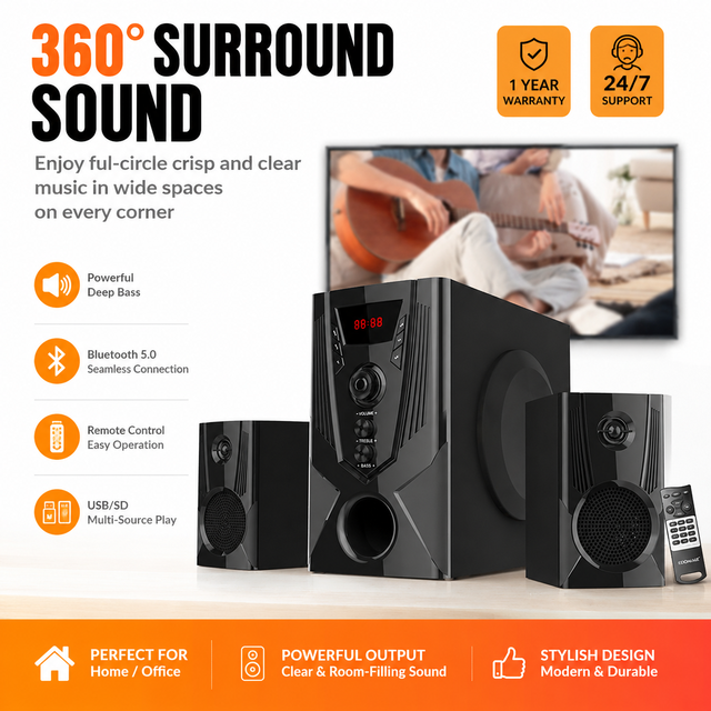 2.1ch HiFi Audio System Speaker 5.25'' Active Surround Sound Home Theater Multimedia Speaker With LED FM BT Subwoofer Speaker