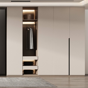 <span class=keywords><strong>Armoire</strong></span> intégrée beige moderne avec niche d'exposition ouverte et éclairage LED, dressing sur mesure pour chambre à coucher - Product Image 2