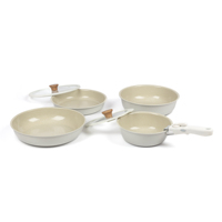 Set Peralatan Masak Gagang Lepas Pasang Warna Krem Putih Keramik Anti Lengket Aluminium Tempa 7 Buah Panci dan Wajan Bebas PFOA