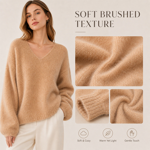 V-Neck <b>Wool</b> Sweater Brushed Knit Women's Loose Fit <b>Base</b> <b>Layer</b> Top Custom Logo Premium Soft Warm Casual Pullover - Product Image 3