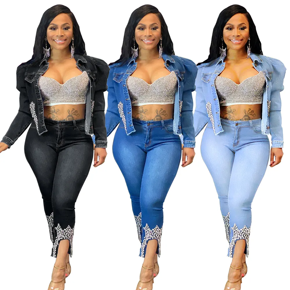 5XL Drie-Dimensionale Kralen Crown Demin Jas Vrouw Plus Size Tweedelige Set Met Plus Size Jeans