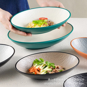 ชามเมลามีนทรงรีแบบไม่สมมาตรสไตล์เรโทร ชามก๋วยเตี๋ยวเย็นเลียนแบบเซรามิกสำหรับร้านอาหาร ชามสลัด ชามผักทรงเรือ - Product Image 2