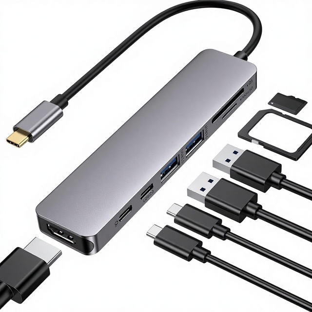 Type C Hub for MacBook Pro/Air 7-Port Dongle with for SD/TF Card Reader 100W PD USB 3.0 Aluminum Alloy Compatible with Windows