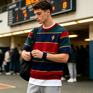 Retro Contrast Striped Cotton Knit Heavyweight Thick <b>Pullover</b> <b>Men</b> Crew Neck Short Sleeve Custom Embroidery Front Wholesale Team - Product Image 1