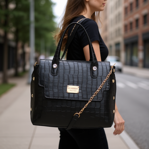 Bolso Tote Negro de Piel de Cocodrilo para Mujer, Marca Fana Jacoba, Gran Capacidad, Cierre de Solapa, Correa de Cadena, Estilo Casual de Lujo - Product Image 2