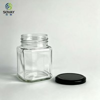 Pot en verre transparent carré de 320 ml avec couvercle à vis noir, récipient en verre à col fileté pour le miel, la confiture, la sauce chili, l'emballage alimentaire