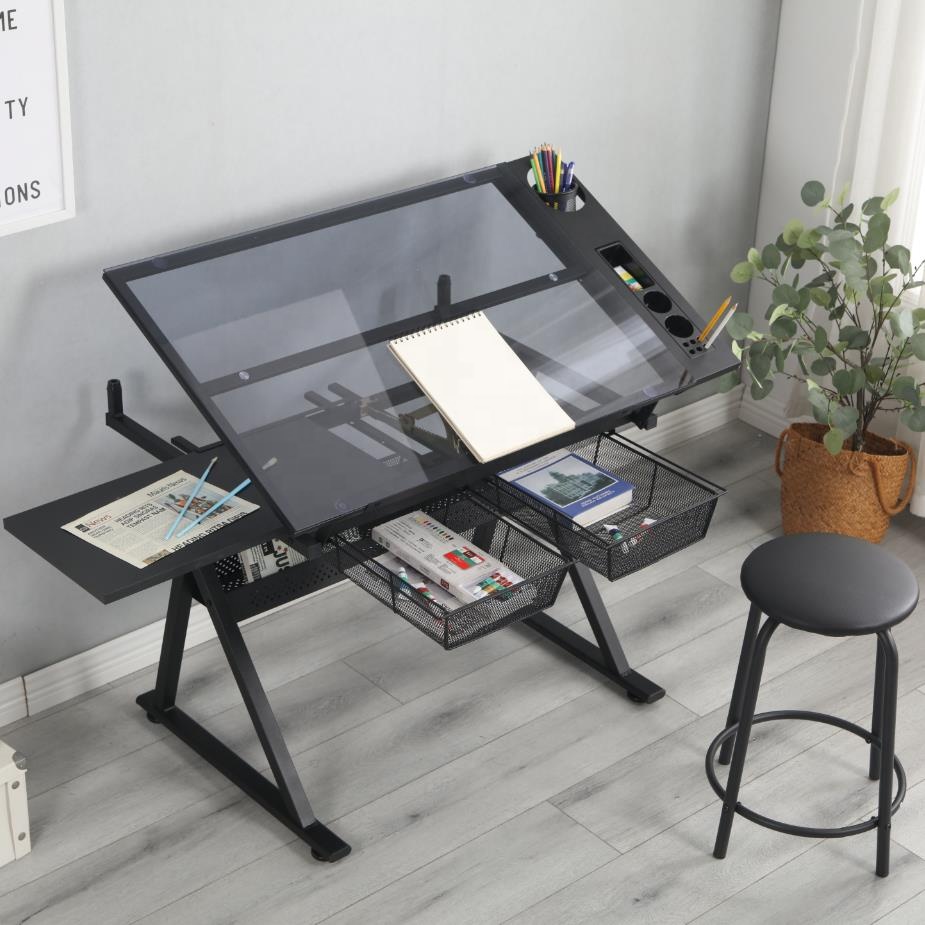 Unique adjustable drawing a1 drafting table with scale holder tempered glass art work station furniture