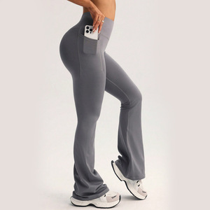 <span class=keywords><strong>Pantalon</strong></span> de yoga évasé pour femme, coupe large, légèrement évasé, longueur intégrale, effet ventre plat, color block, couleur pêche, style international - Product Image 3