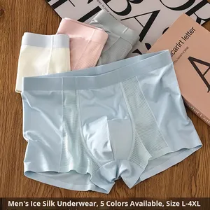 Vente directe usine – Caleçons boxeurs mi-taille en soie glacée pour hommes, grande taille, fins, respirants, en maille, avec logo à la taille - Product Image 3