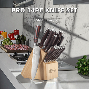 Juego de cuchillos de chef de 14 piezas con bloque de madera, cuchillos de cocina de acero inoxidable, mangos ambidiestros, hojas pulidas, filo combinado - Product Image 2