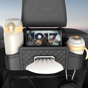 Car Seat Back Storage Box With Cup Holders And Phone Stand Multi Functional Organizer For Car Interior Brown Leather Style - Product Image 2