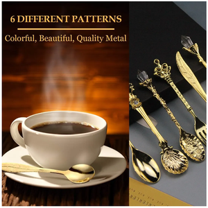 Ensemble de 6 cuillères à café en métal vintage de luxe gravées, cuillères à café dorées, cuillères à dessert glacé, ensemble de cuillères et de fourchettes dorées, vaisselle - Product Image 2
