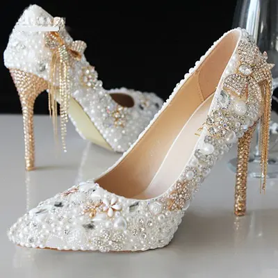 Vendita calda su misura matrimonio cristallo nuziale perla strass tacco a spillo scarpe da fata a punta