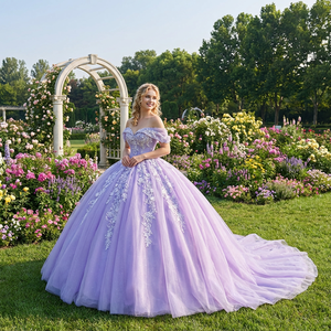 パープル キンセアニェーラ バースデー ボールガウン アップリケ ビーズ装飾 ナチュラルウエストライン 静電気防止 スイートハートネックライン チャペルトレイン パーティー プロム - Product Image 1