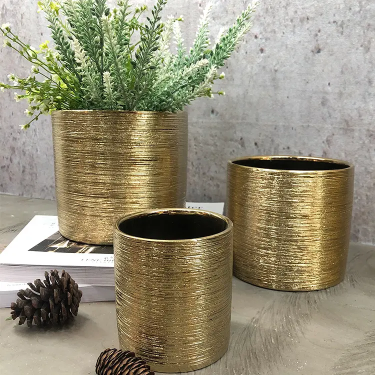 Personalizado moderno jardim interior decoração cerâmica vaso de flores itens galvanizados ouro prata fio desenho cilindro plantador pote