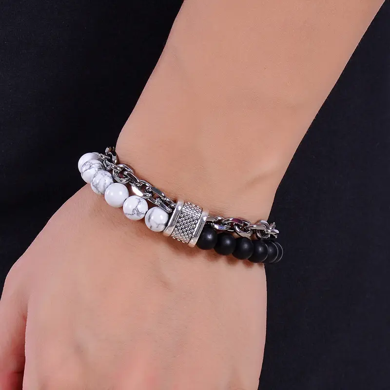 High Quality Fashion Natural Frosted Stone Beaded Double Layer OT Buckle Stainless Steel Men Bracelet