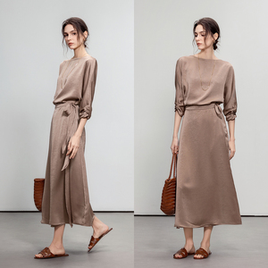 Demana Elegant Satin Dress Women Spring Autumn Three Quarter Sleeve Fitted Waist Wrap Midi Skirt - Product Image 1