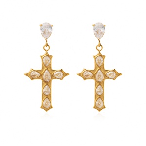 Boucles d'oreilles en acier inoxydable plaqué or véritable 18 carats, style européen et américain, mode urbaine, croix en zircon noir et blanc - Product Image 5