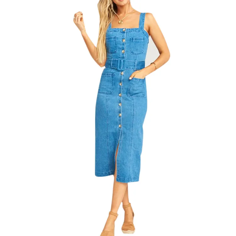 Ladies blue four front pockets jeans dress vintage overall dress denim halter dress
