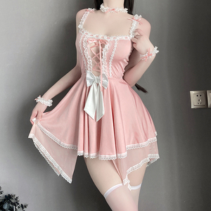 Vendita calda da <span class=keywords><strong>donna</strong></span> abito Cosplay da <span class=keywords><strong>donna</strong></span> con cinturino in raso con rifinitura in pizzo Costume da <span class=keywords><strong>donna</strong></span> Sexy Costume da <span class=keywords><strong>donna</strong></span> carino abito Babydoll con taglio di pizzo - Product Image 2