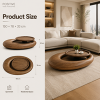 Table basse moderne en MDF avec cadre en bois, forme ovale, plateau flottant, design sculptural, mobilier minimaliste pour salon