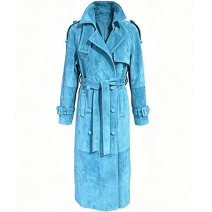 Abrigo Largo de Cuero <span class=keywords><strong>Azul</strong></span> de Moda para Mujer, Chaqueta Larga de Cuero Genuino con Doble Botonadura - Product Image 1