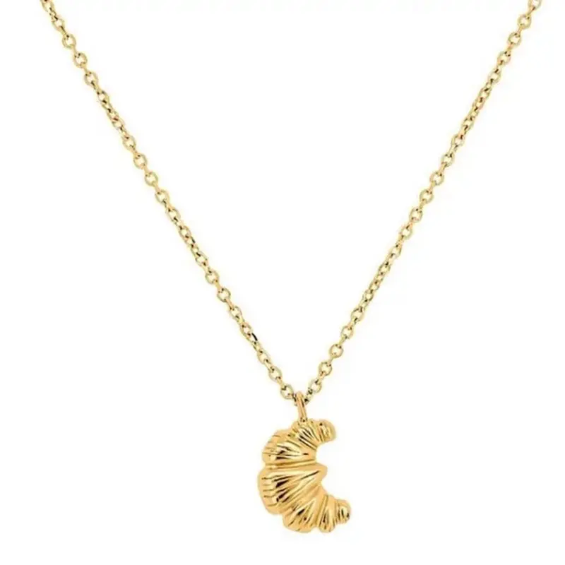 Creative Design 18K Gold Plated Croissant Bread Necklace Exquisite Dainty Textured Moon Pendant Necklace