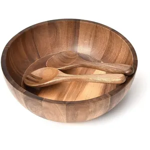 Venta al por mayor de utensilios de cocina de madera de acacia para mezclar frutas ensaladera redonda de gran tamaño cuencos de masa de madera maciza con servidores