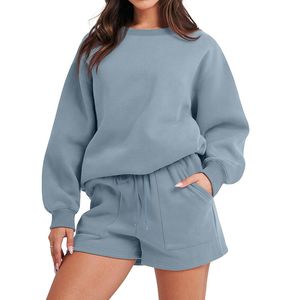 Más tamaño Rib Cuffed Fleece Crew Neck sudadera pantalones cortos conjunto en blanco personalizado mujeres chándal conjunto con logotipo - Product Image 4