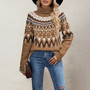 Pull en tricot jacquard rétro pour femme, col haut, ample, manches longues, chaud pour l'hiver, anti-boulochage - Product Image 3