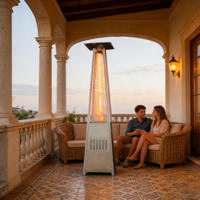 Chauffe-terrasse moderne au propane de 48 000 BTU, en forme de pyramide, avec tube en verre de quartz en acier inoxydable et roues