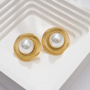 Hypoallergenic Fashion Chunky Stainless Steel Pearl Earrings For Women Luxury 18k Gold Plated Vintage Stud Earrings Jewelry