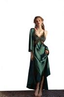 Chemise de nuit sexy, confortable et respirante en satin de soie polyamide, col en V, dos nu en dentelle, avec soutien-gorge intégré, sans manches, longue jusqu'au sol